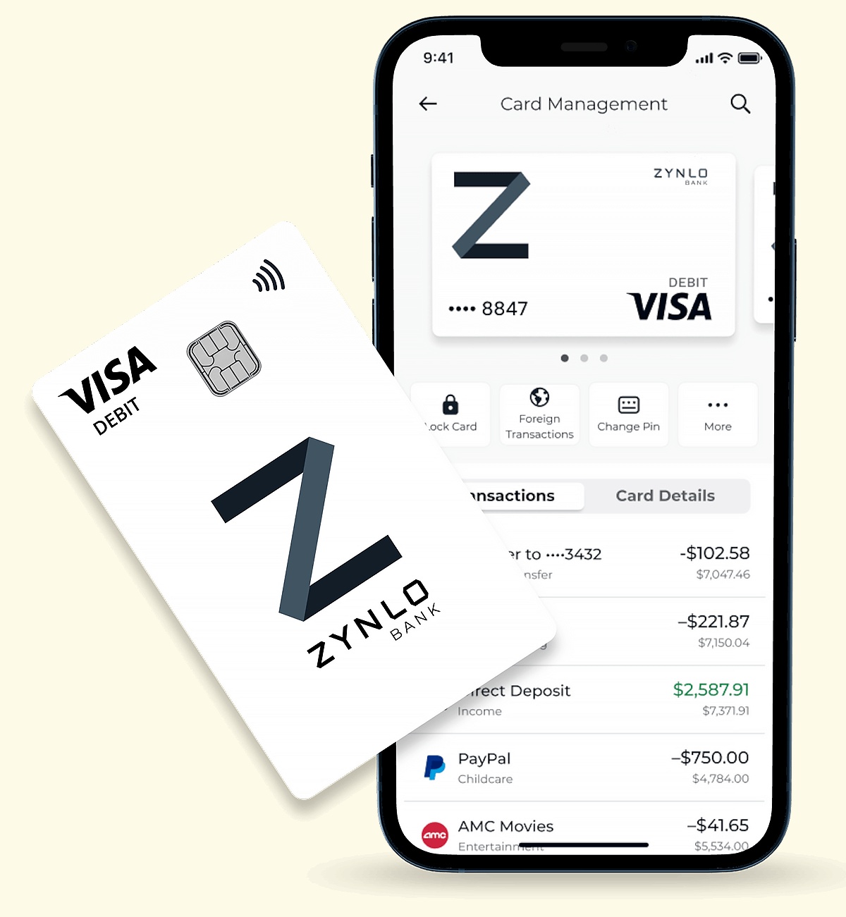 ZYNLO’s Visa debit card beside a phone showing the app’s card-management screen