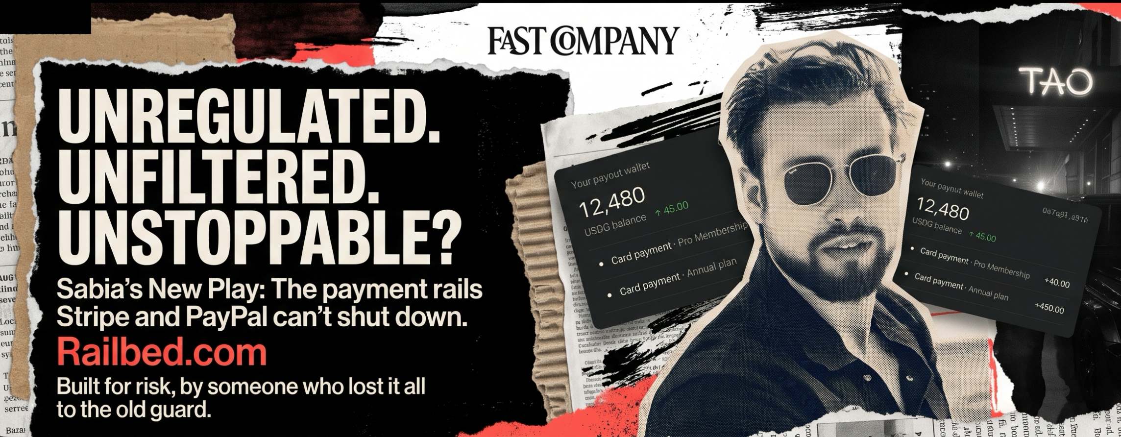Supplied Railbed collage featuring Matthew Sabia, wallet graphics and the headline Unregulated. Unfiltered. Unstoppable?