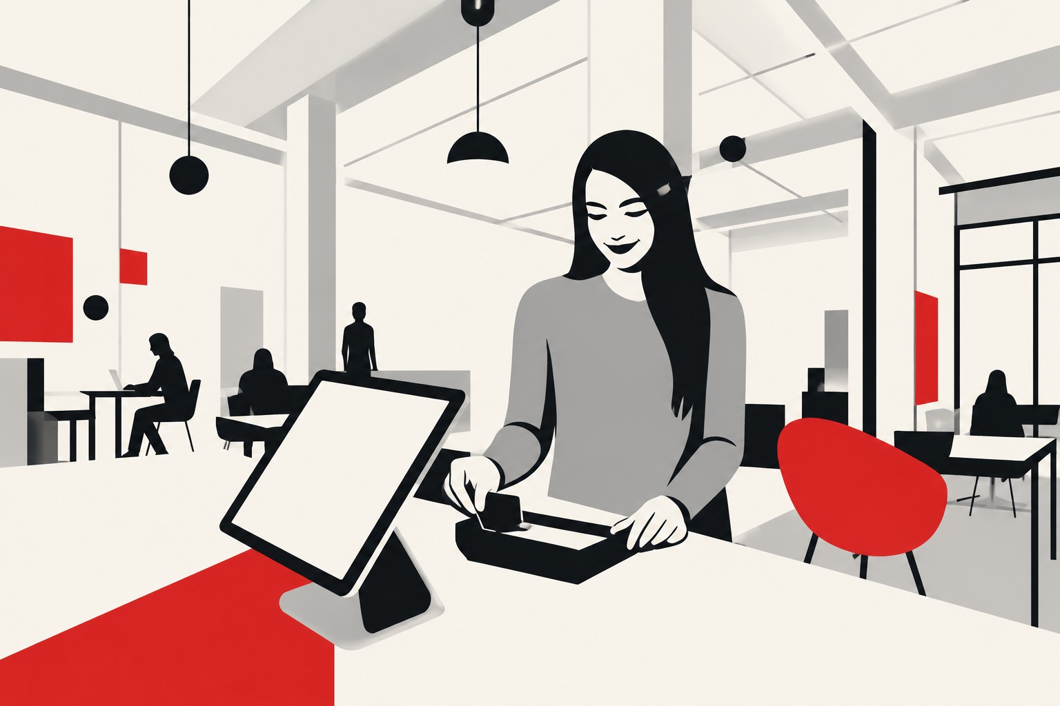Retro pen illustration of a support agent at a help desk with a headset