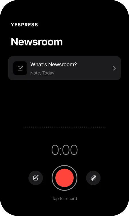 Newsroom home screen with a large red record button and a timer at 0:00